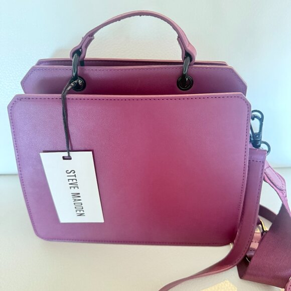 NWT STEVE MADDEN BEVELYN BATS SATCHEL CROSSBODY BAG W CREDIT CARD CASE PLUM - Picture 3 of 7